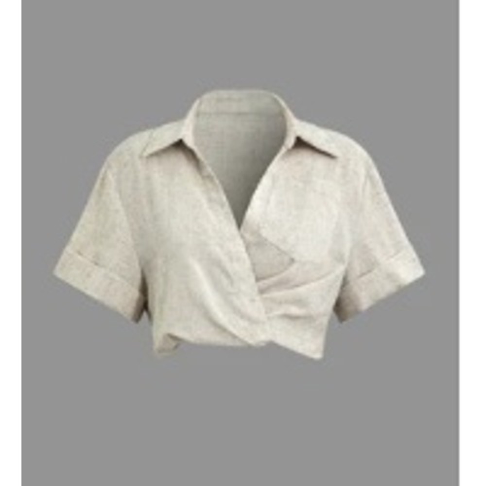 Micas Oatmeal Linen Look Cropped Wrap Blouse Short Sleeve Collared Top XL NWT - Picture 2 of 7